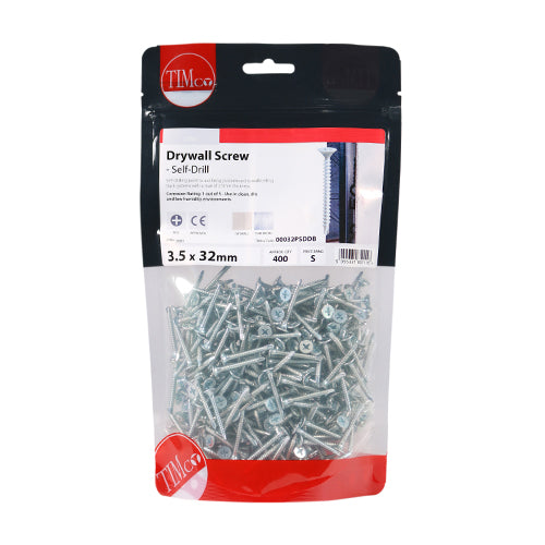 Self Drilling Drywall Timber Stud Plasterboard Screws 3.5 x 32mm (6 x 1 1/4in) - PH - Bugle - Zinc - Bag of 320