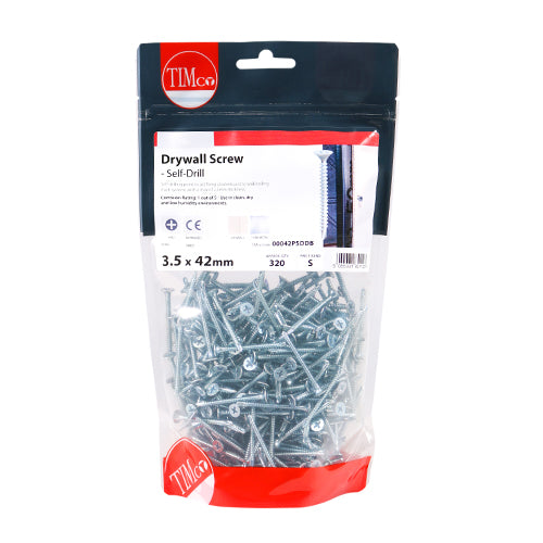 Self Drilling Drywall Timber Stud Plasterboard Screws 3.5 x 42mm (6 x 1 3/4") - PH - Bugle - Zinc - Bag of 320