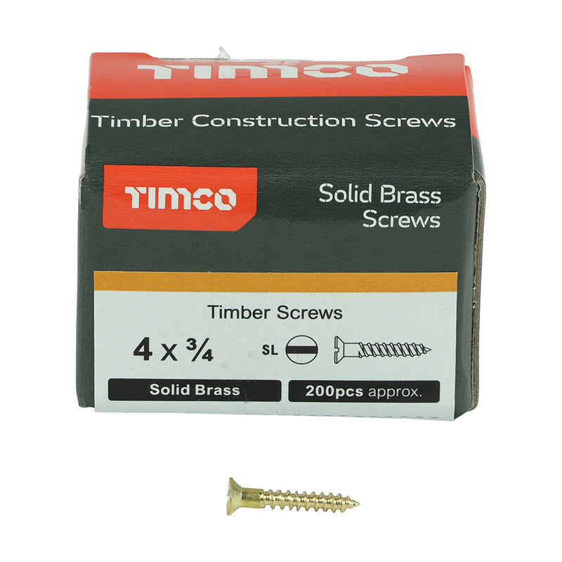 Solid Brass Timber Screws Slot 3.0 x 20mm (4 x 3/4") - Countersunk