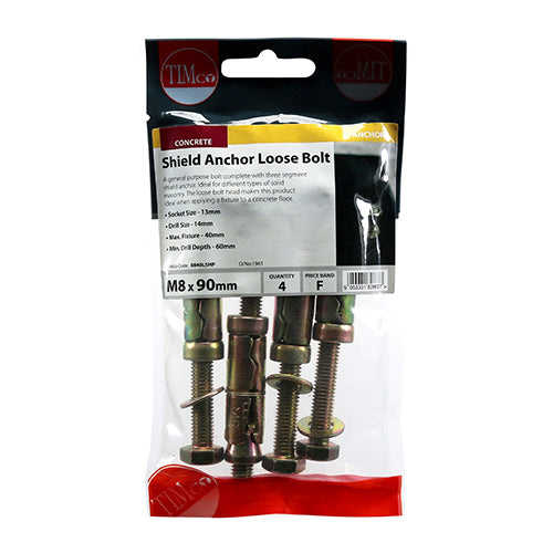 Timco M8 x 90mm Shield Anchor Loose Bolt - 4 Pack (0840LSHP)