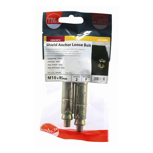 Timco M10 x 85mm Shield Anchor Loose Bolt - 2 Pack (1025LSHP)