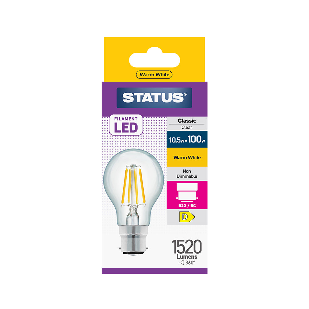 Status Filament LED Light Bulb 10.5w=100w Classic Clear Warm White B22/BC (11SFGWB22C1B10)