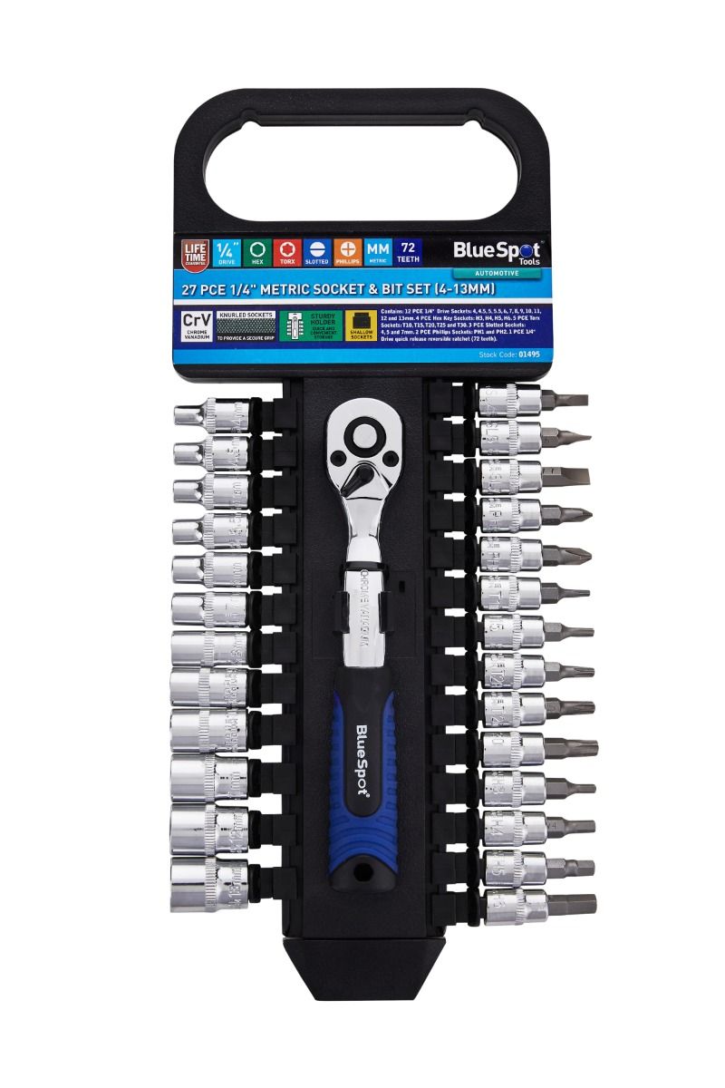 BlueSpot 27 PCE 1/4in Metric Ratchet & Bit Set (4-13mm) (01495)