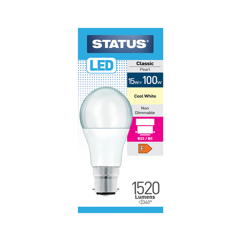 Status LED Pearl Light Bulb - 15w = 100w - Large Bayonet Cap - BC/B22 - Cool White (15SLGCB22P1B10)