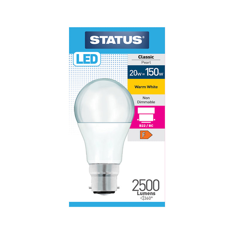 Status 20W = 150W LED Classic Pearl Warm White Non Dimmable Large Bayonet B22/BC Light Bulb (20SLGWB22P1B10)