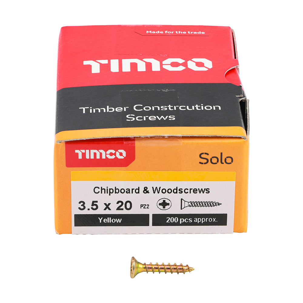 Solo Chipboard & Woodscrews Pozidrive 3.5 x 20mm (6 x 3/4") - Double Countersunk - Yellow - Box of 200