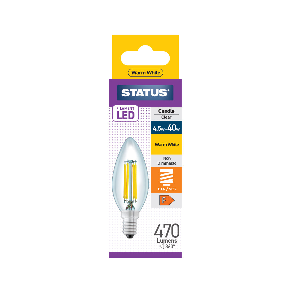 Status Filament LED Candle Bulb - 4.5w = 40w - Small Screw Cap SES/E14 - Warm White (4.5SFCWE14C1B10)