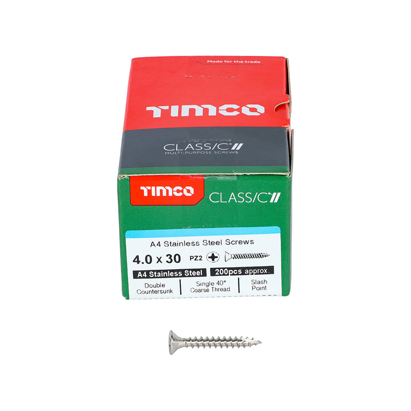 Timco Stainless Steel Multi-Purpose Screws 4.0 x 30mm (8 x 1 1/4in) - PZ - Countersunk Screws - Box of 200