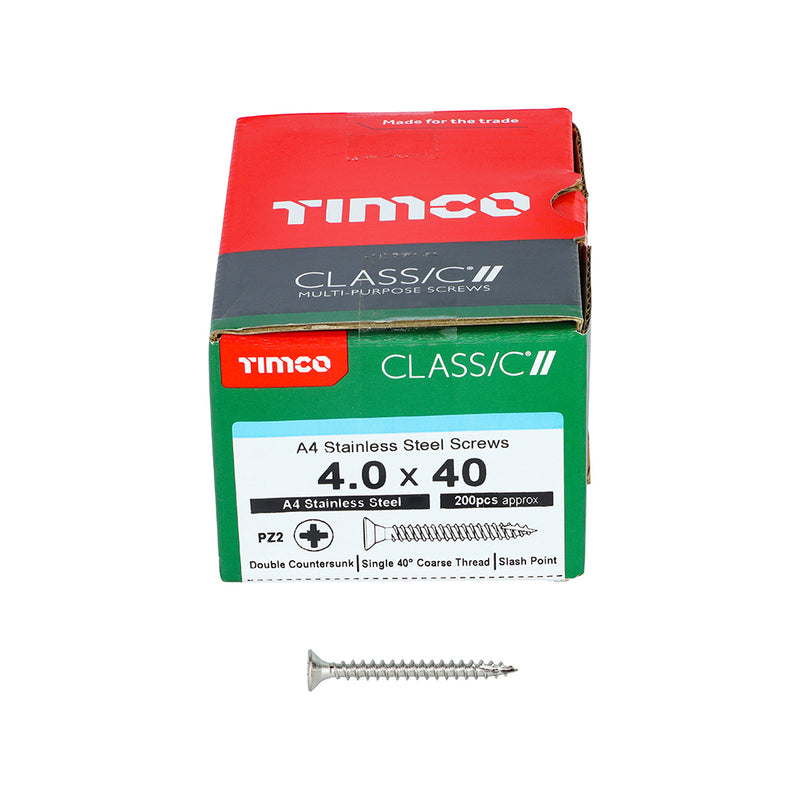 Timco Stainless Steel Multi-Purpose Screws 4.0 x 40mm (8 x 1 1/2in) - PZ - Countersunk Screws - Box of 200