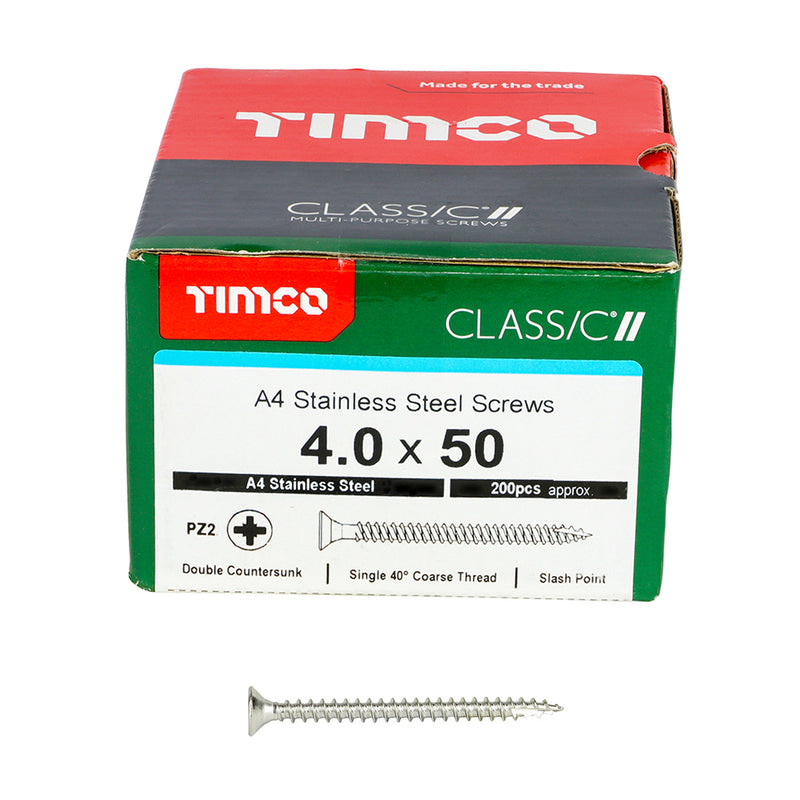 Timco Stainless Steel Multi-Purpose Screws 4.0 x 50mm (8 x 2in) - PZ - Countersunk Screws - Box of 200