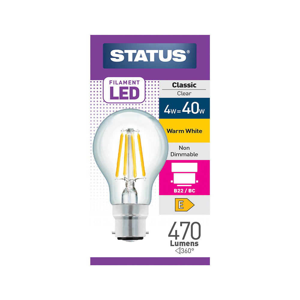 Status Filament LED Bulb - 4w = 40w - Large Bayonet Cap BC/B22 - Warm White (4SFGWB22C1B10)