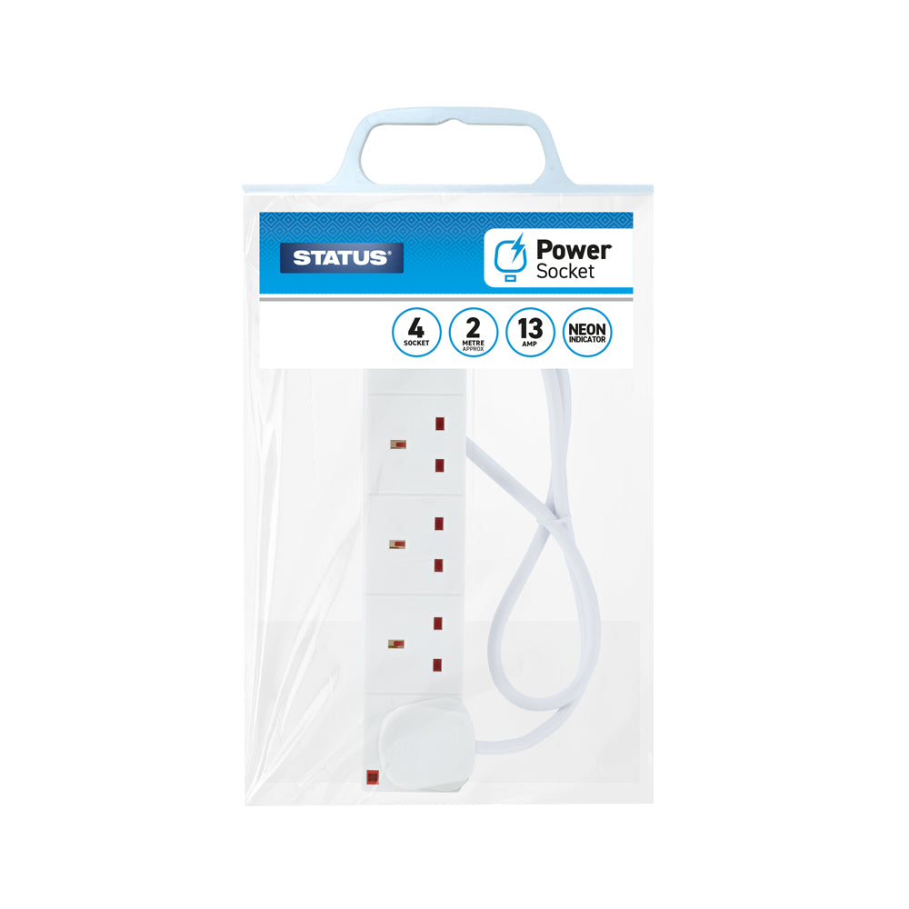 4 Way UK Mains Socket Multiplug Extension 2m Cable (4WS2MCP20)