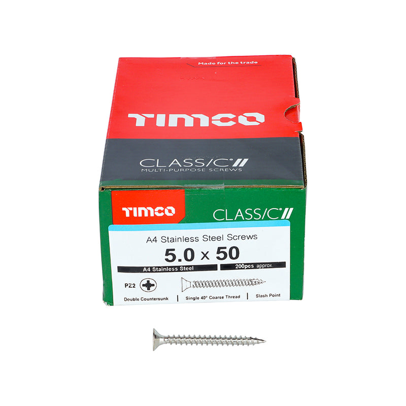 Timco Stainless Steel Multi-Purpose Screws 5.0 x 50mm (10 x 2in) - PZ - Countersunk Screws - Box of 200