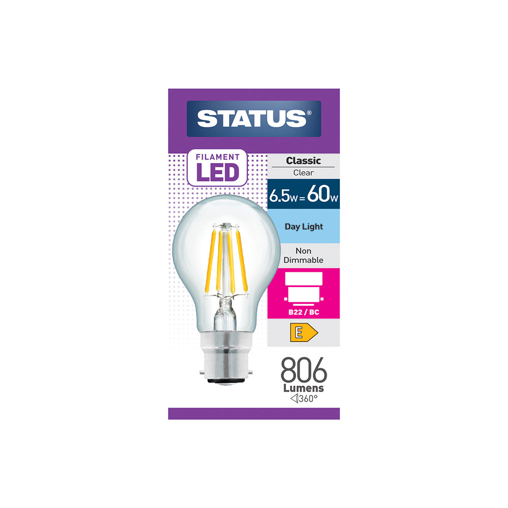 Status Filament LED Bulb - 6.5w = 60w - Large Bayonet Cap BC/B22 - Day Light (6.5SFGDB22C1B10)