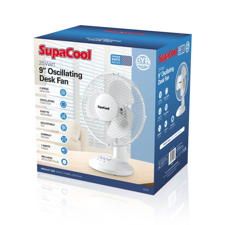 SupaCool White Oscillating Desk fan 9in