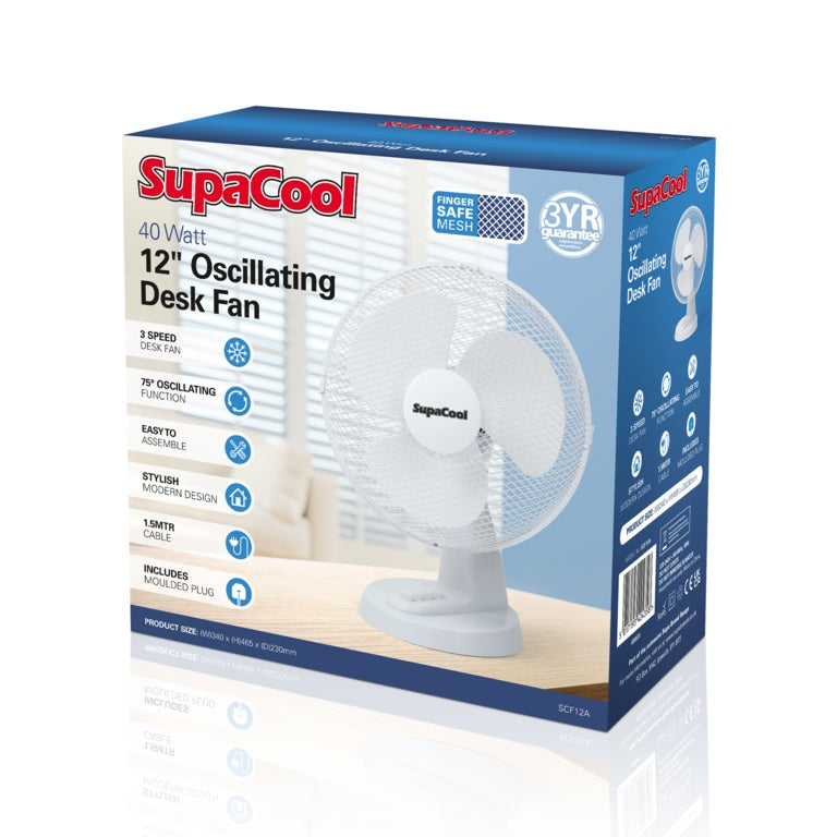 SupaCool White Oscillating Desk fan 12in