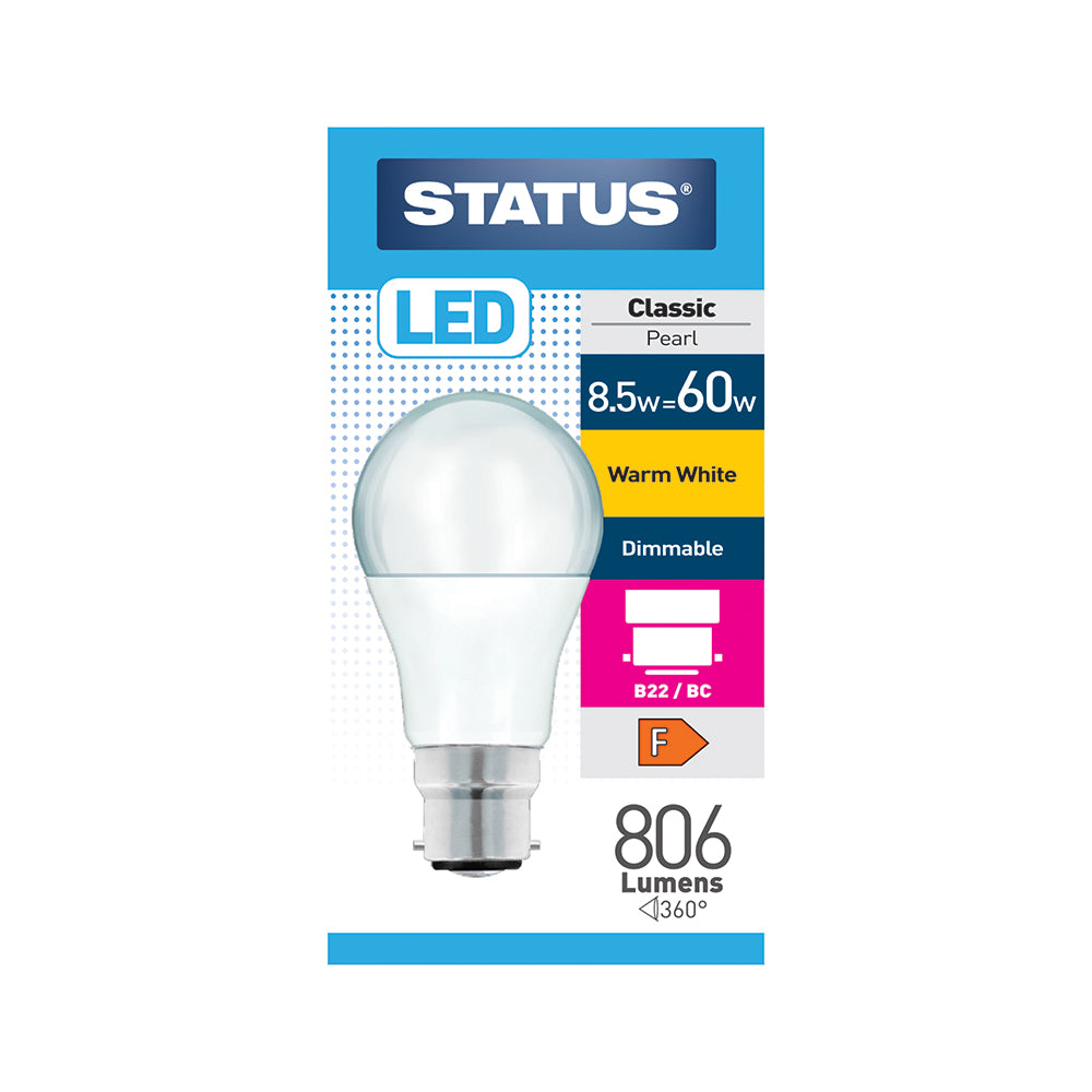 Status LED Dimmable Classic GLS Bulb - 8.5w = 60w - Bayonet Cap - B22/BC - Warm White