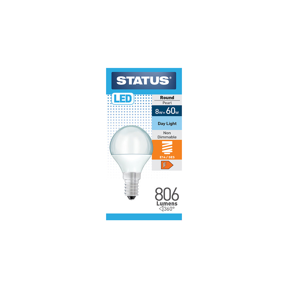 Status 8W=60W LED Round Pearl Daylight SES/E14 Small Screw (8SLRDE14P1B10)