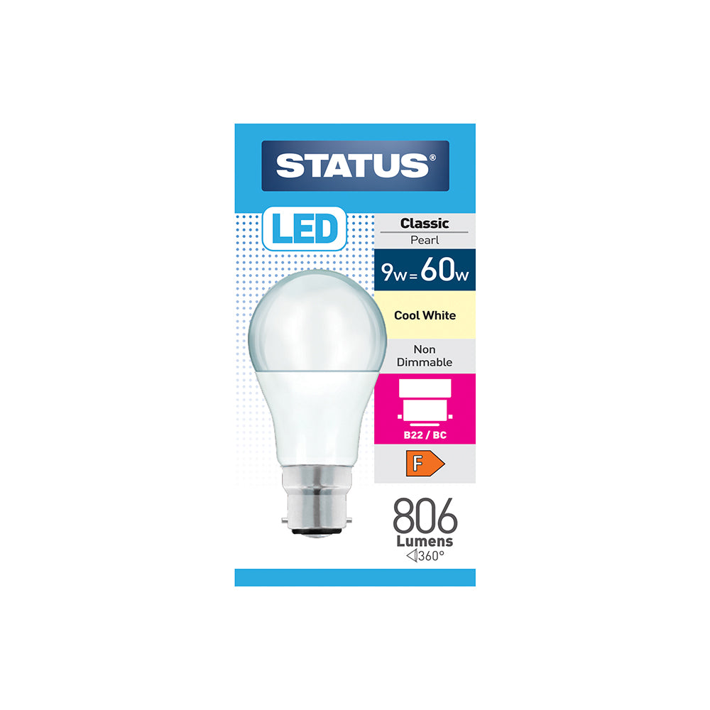 Status LED Classic Pearl Light Bulb 9w=60w Large Bayonet Cap BC/B22 - Cool White (9SLGCB22P1B10)