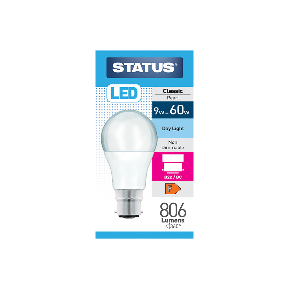 Status LED Pearl Light Bulb - 9w = 60w - Large Bayonet Cap - BC/B22 - Day Light (9SLGDB22P1B10)