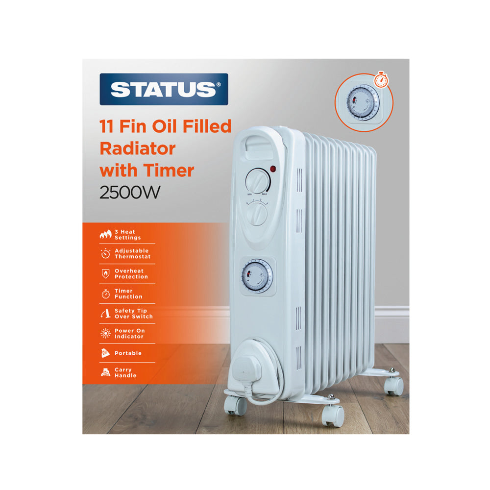 Status White Oil Filled 11 Fin Timer Radiator 2500 Watts