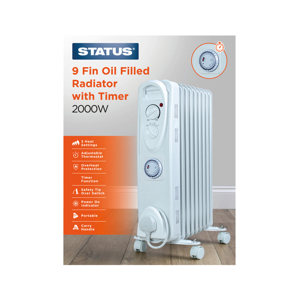 Status White Oil Filled 9 Fin Timer Radiator 2000 Watts