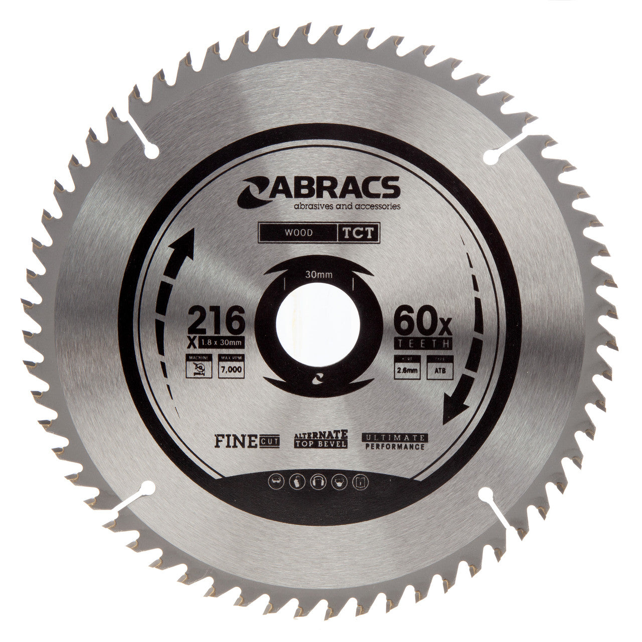 ABRACS TCT Saw Blade 216 x 2.6mm x 1.8mm - 60 Teeth - Fine Cut (TCT21660)