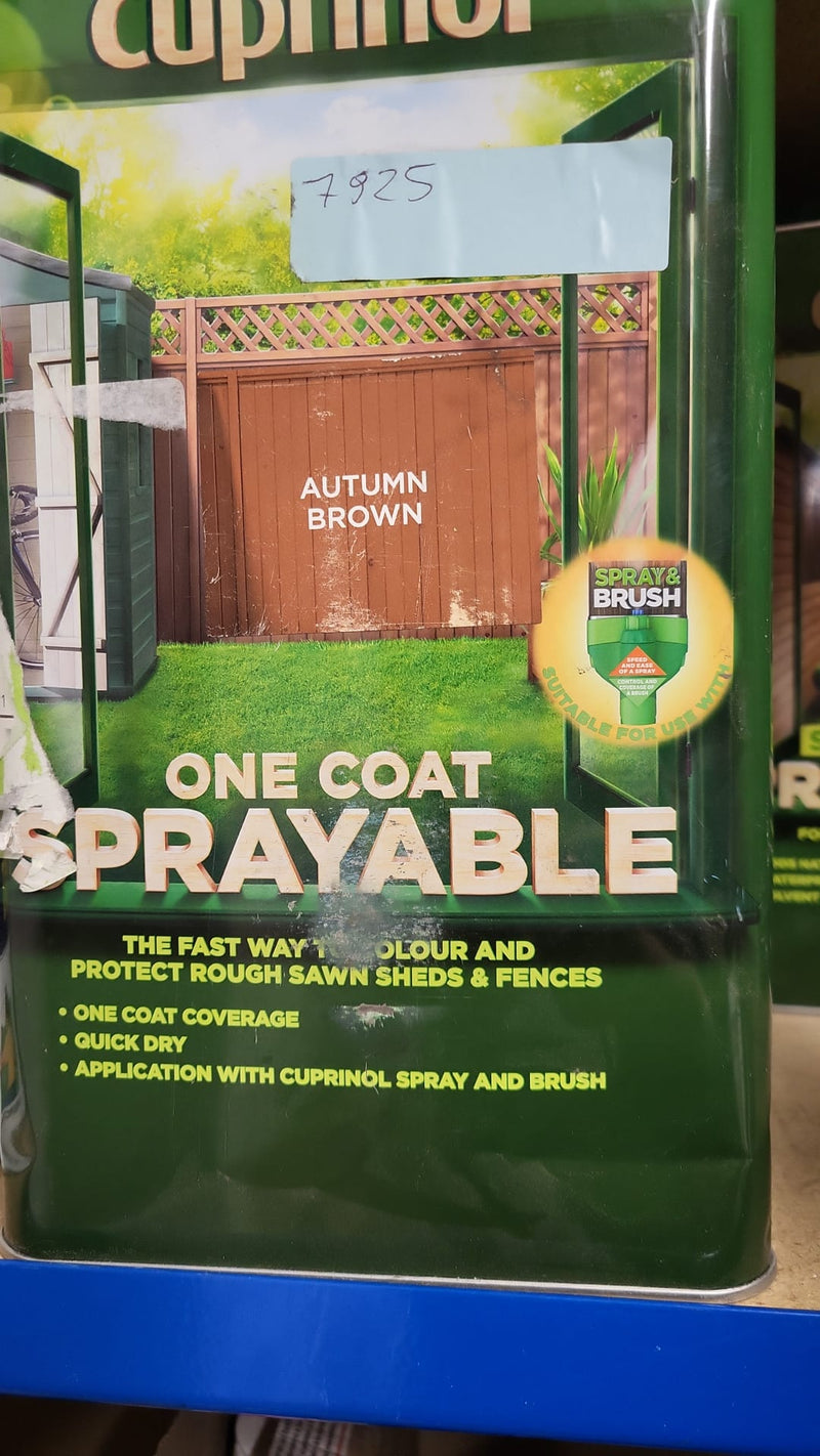 Cuprinol One Coat Sprayable Fence Treatment Autumn Brown 5 litre (Minor dent to can)