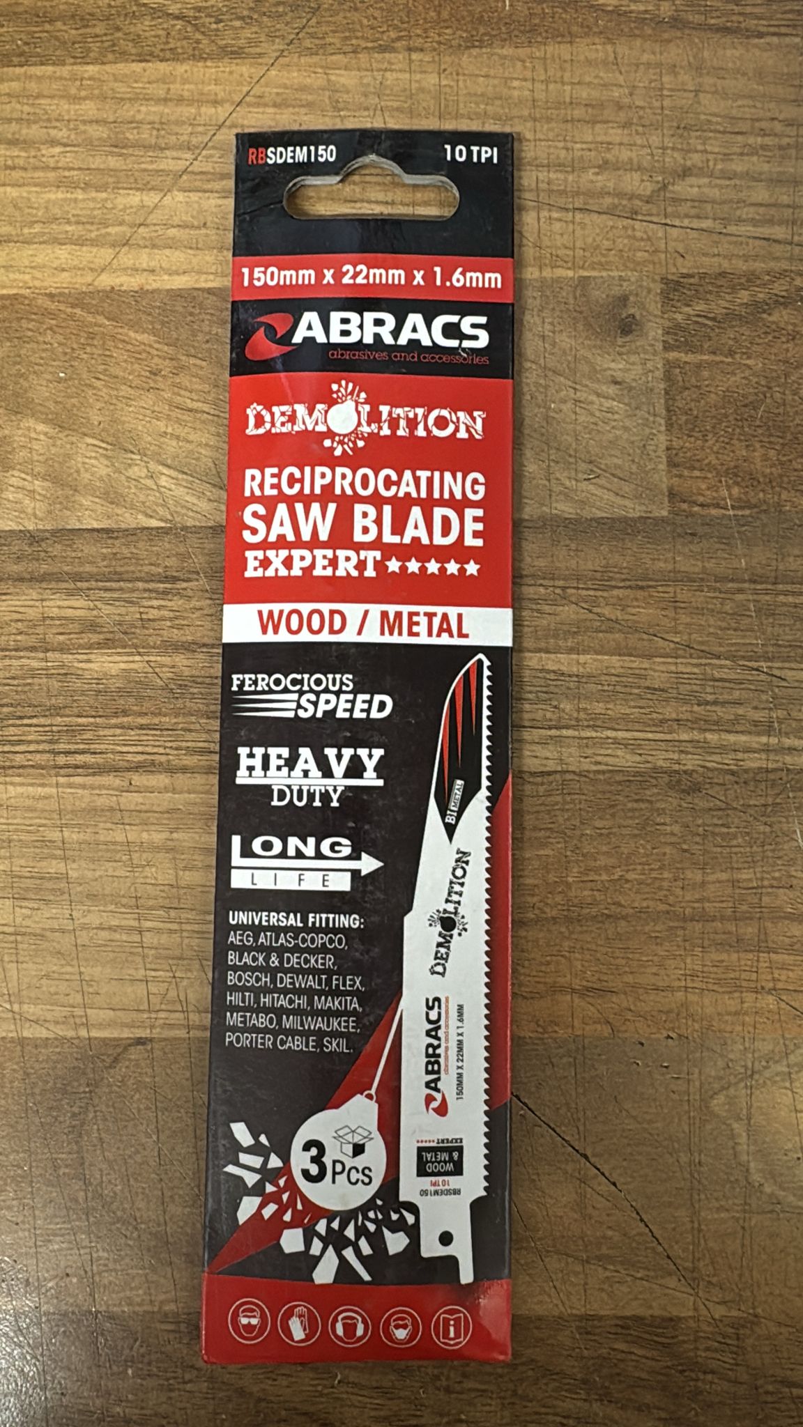 ABRACS Reciprocating Saw Blade 150mm x 22mm x 1.6mm 3 Pack (RBSDEM150)