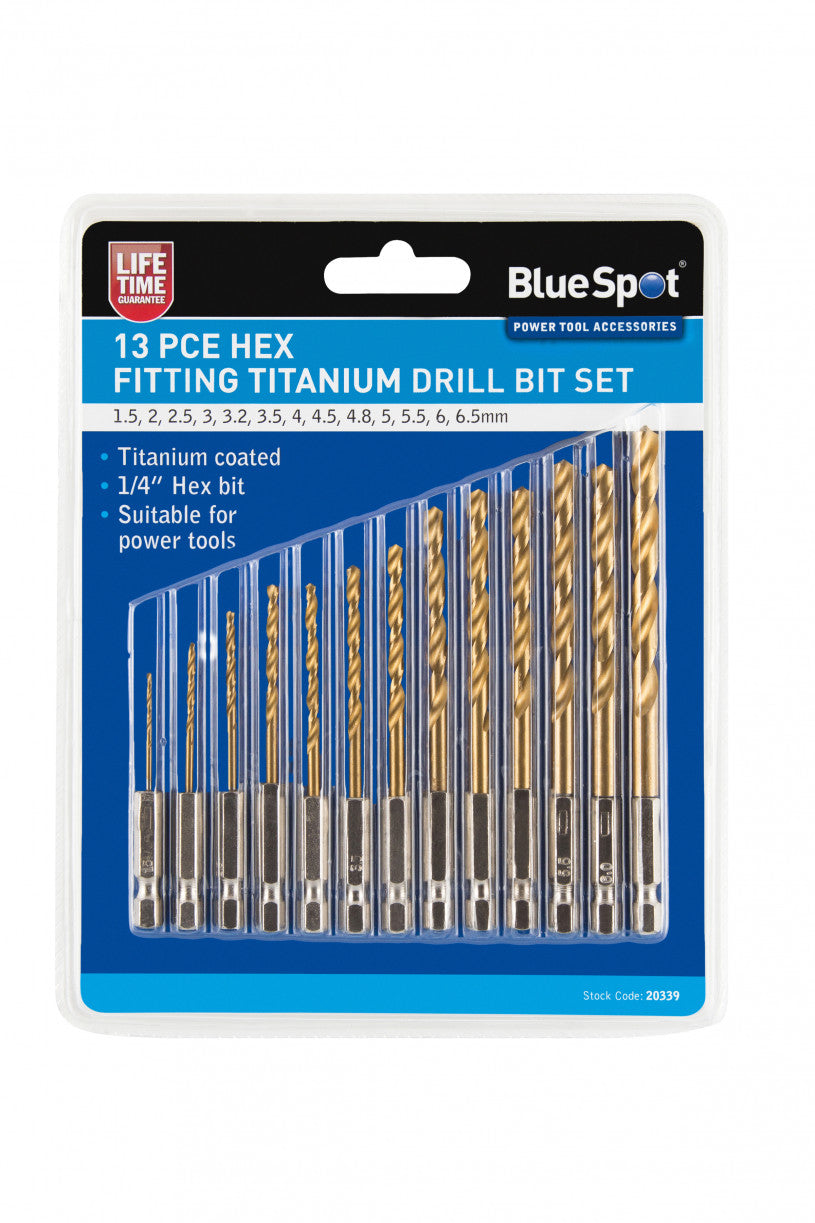 BlueSpot 13 Piece HEX Fitting Titanium Drill Bit Set - 1.5mm to 6.5mm (20339)