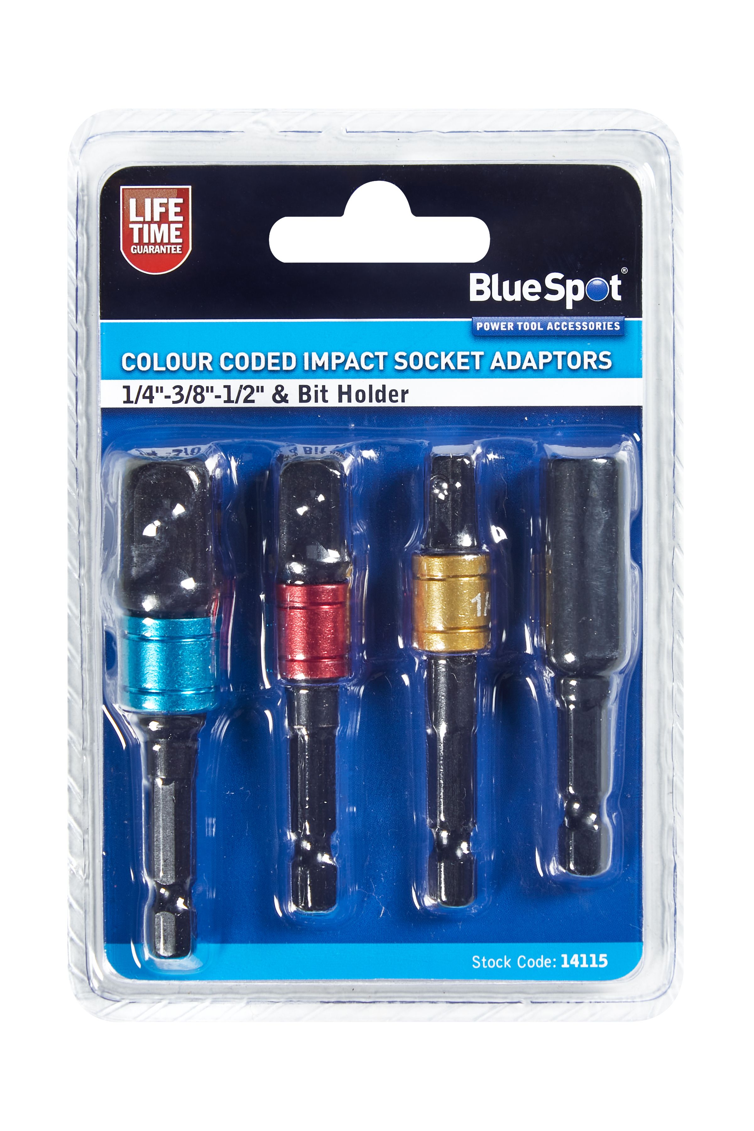 BlueSpot Colour Coded Impact Socket Adaptors 1/4", 3/8", 1/2" & Bit Holder