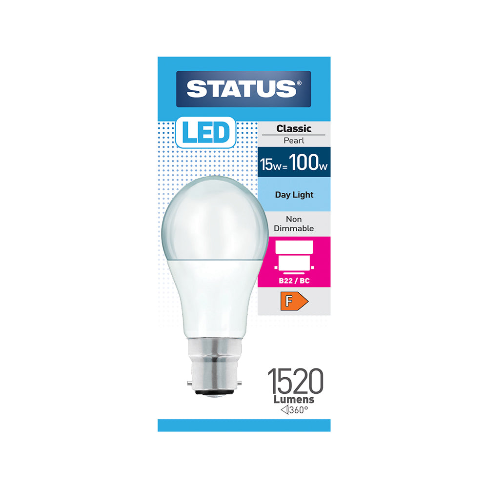 Status Bayonet Light Bulb 100w=15w LED B22/BC / Classic Pearl Daylight Non Dimmable (15SLGDB22P1B10)