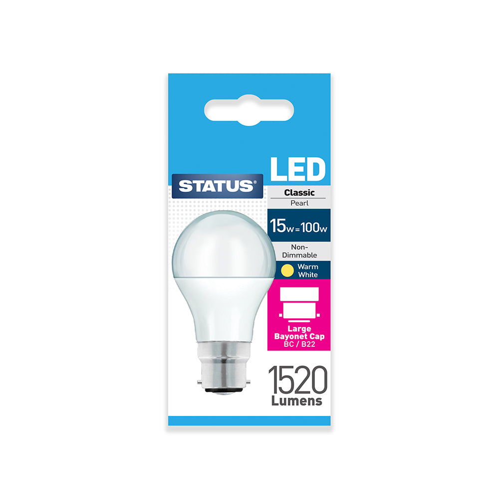 Status LED Pearl Light Bulb - 15w = 100w - Large Bayonet Cap - BC/B22 - Warm White (15SLGWB22P1B10)