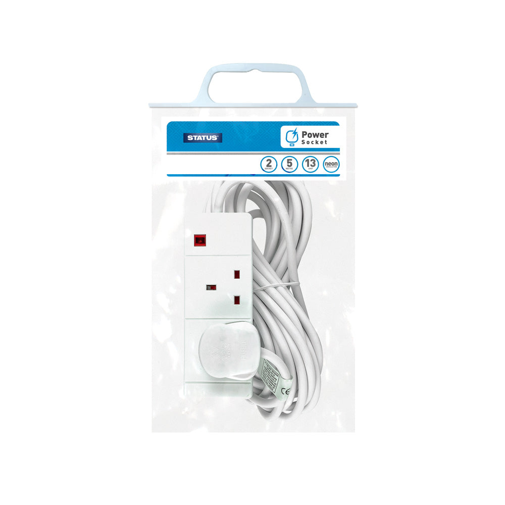 2 Way UK Mains Socket Multiplug Extension Cable - 5m (2WS5MCP20)