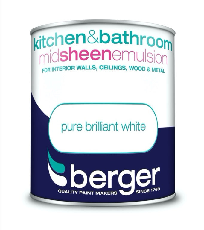 Kitchen & Bathroom Mid Sheen Emulsion - Pure Brilliant White - 1L