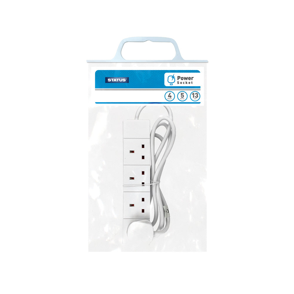 4 Way UK Mains Socket Multiplug Extension Cable, 1m, 2m & 5m