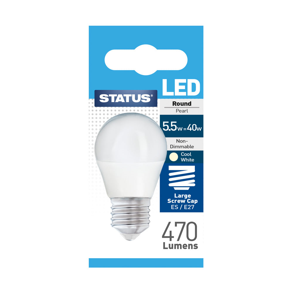 Status LED Light Bulb Round 5.5w = 40w - Large Screw Cap ES / E27 Cool White (5SLRCE27P1B10)