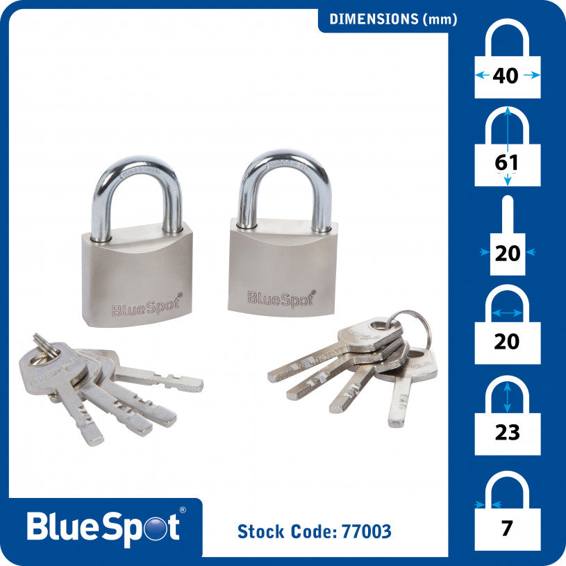 Bluespot 2 Piece Satin Finish Keyed Alike Padlocks - 40mm (77003)