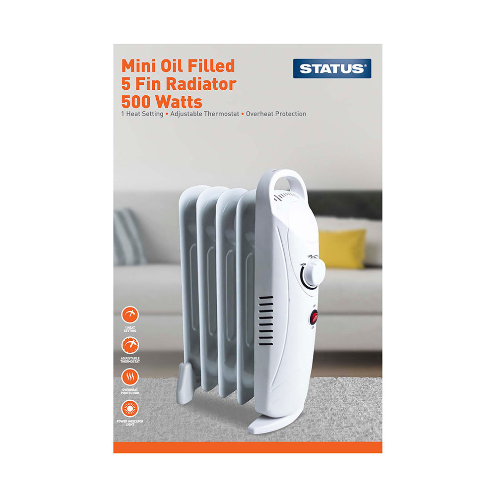 Status White Mini Oil Filled 5 Fin Radiator 500 Watts