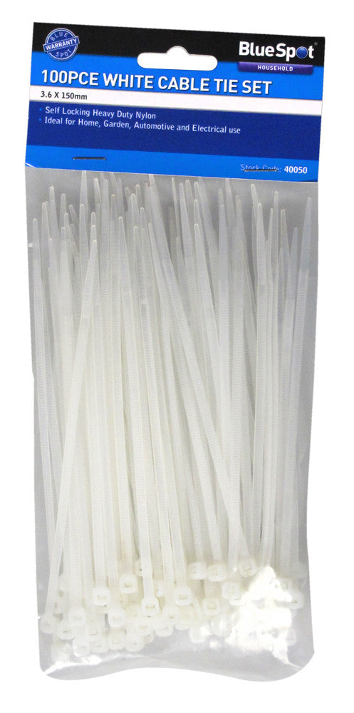 BlueSpot White Cable Ties 3.6mm X 150mm - 100 pack (40050)