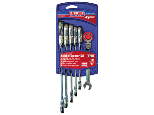 Faithfull Quality Tools Ratchet Combination Spanner Flex Head Set - 6 Piece