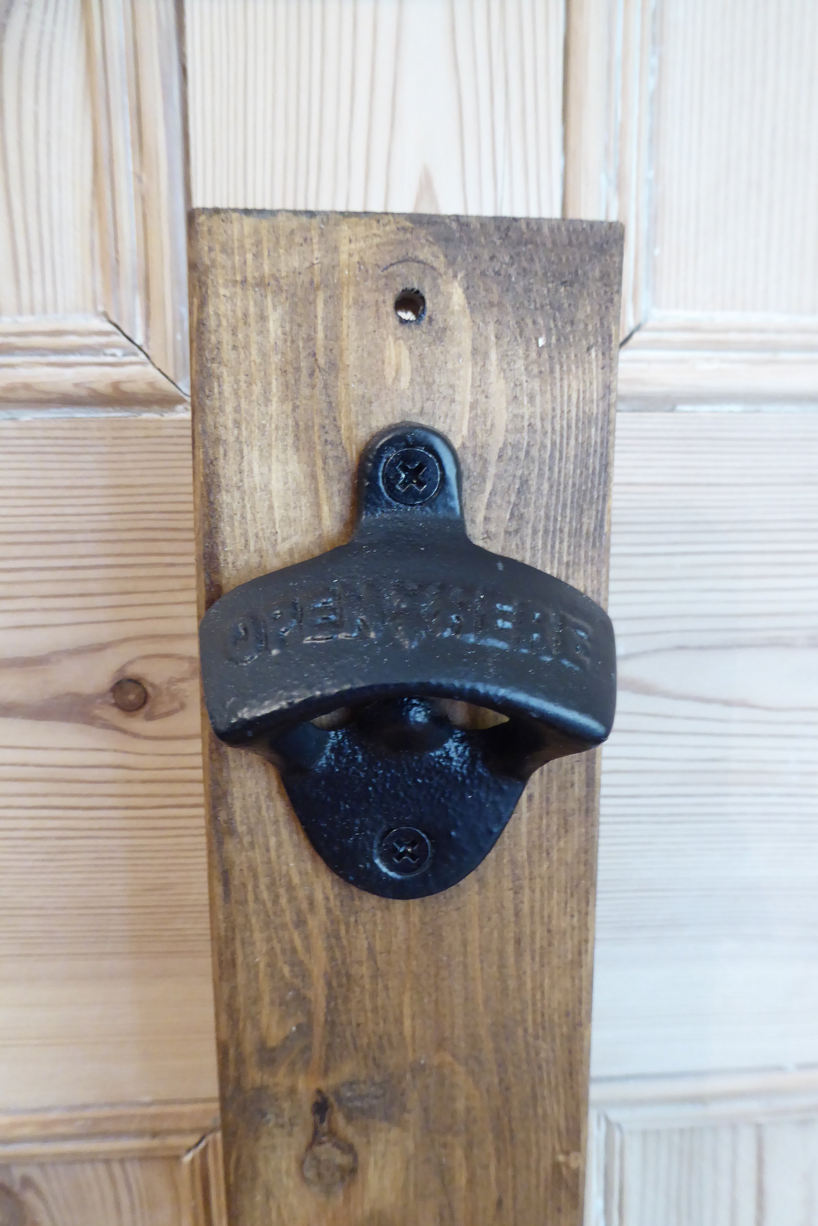 Handmade Wooden Mounted "Open Here" Bottle Opener With Catcher