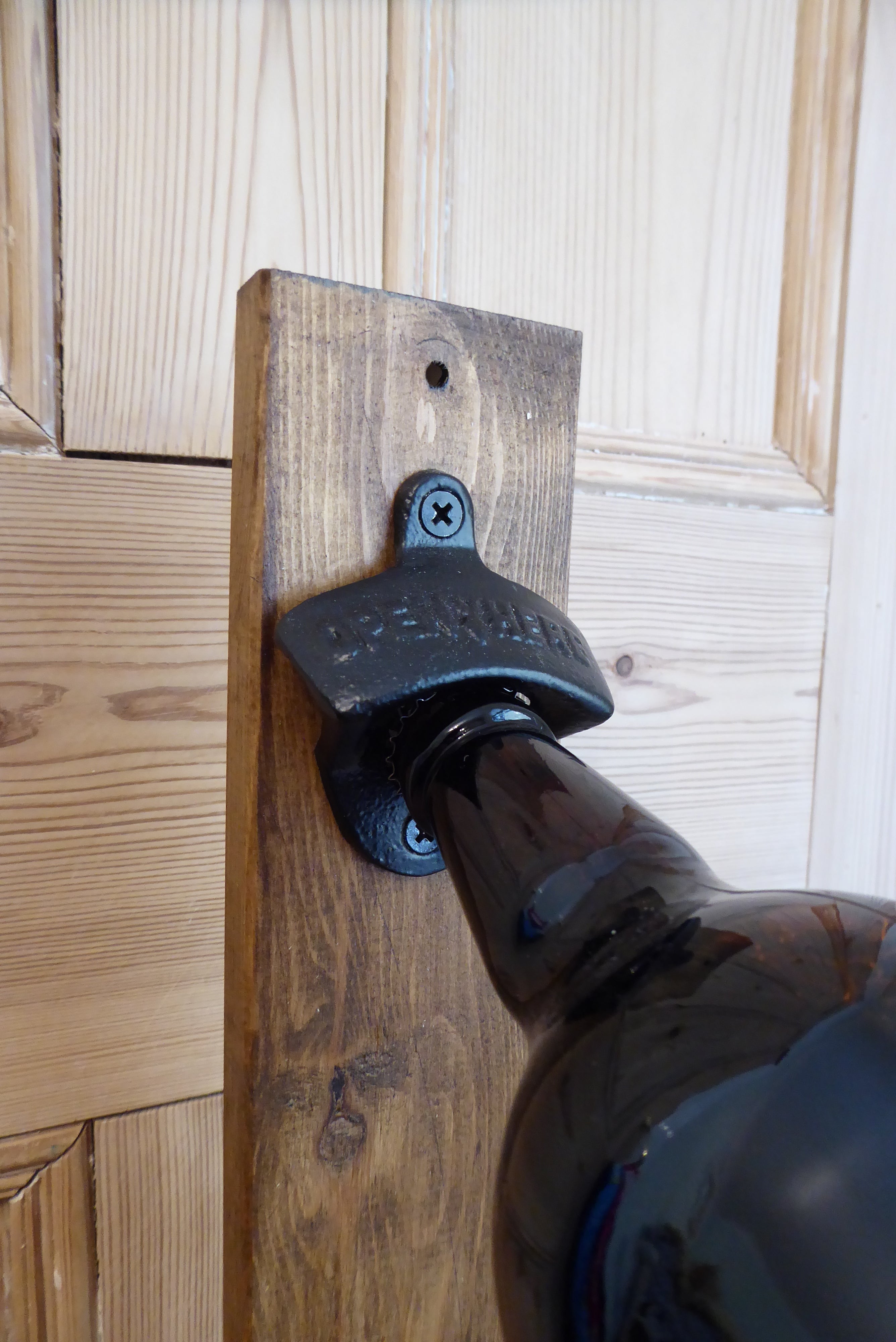 Handmade Wooden Mounted "Open Here" Bottle Opener With Catcher