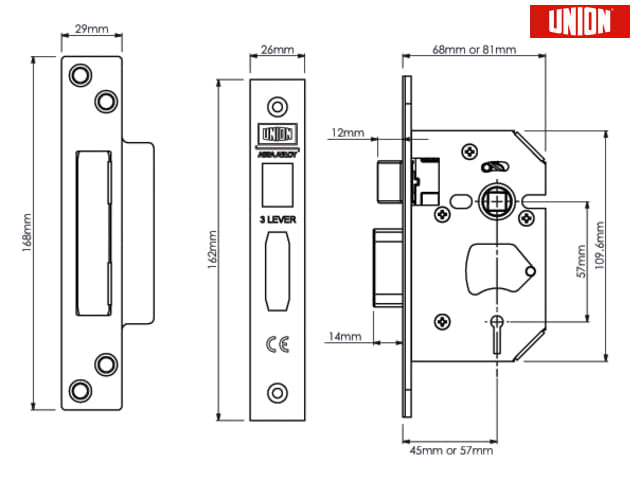 Union StrongBOLT 2203S 3 Lever Mortice Sashlock Polished Brass 81mm