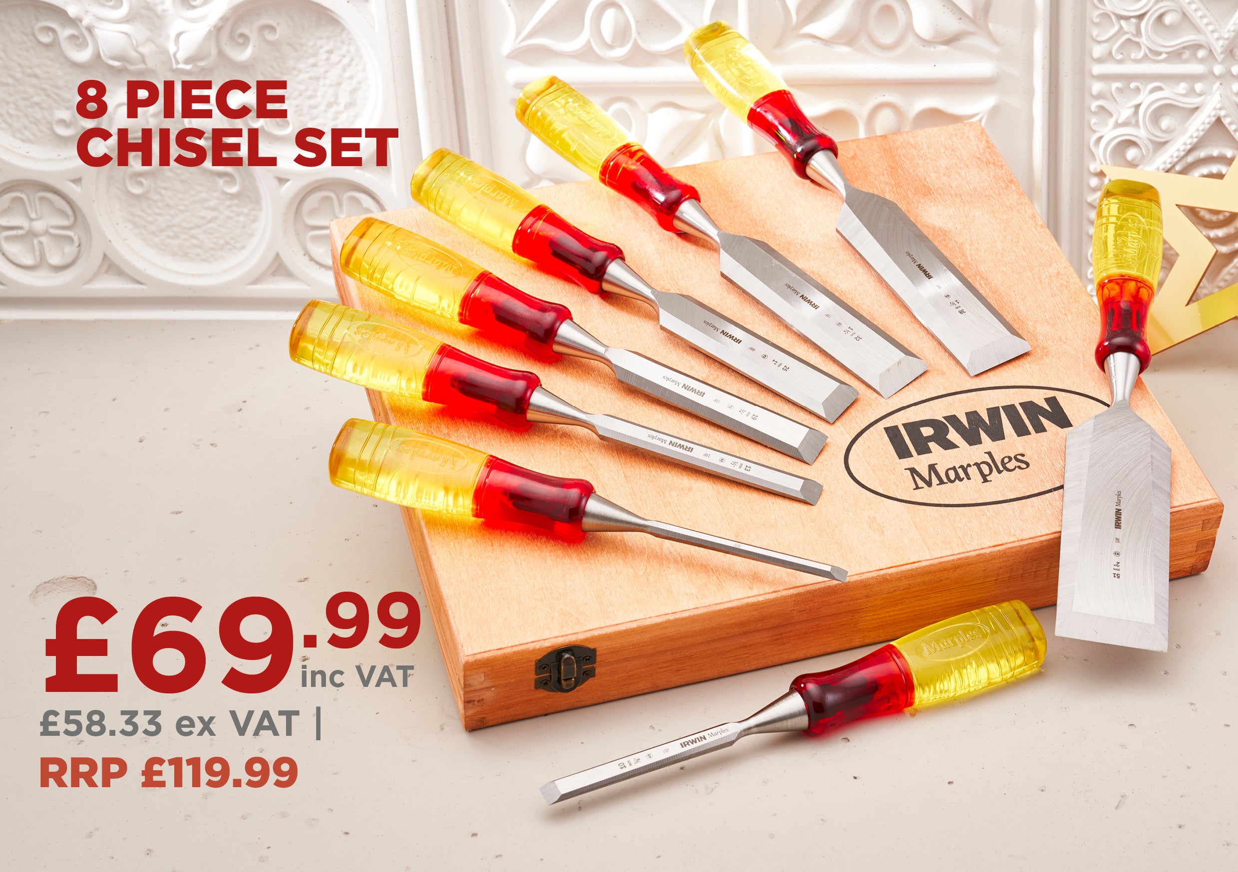 Irwin Marples M373 Bevel Edge Chisel Splitproof Handle - Set of 8