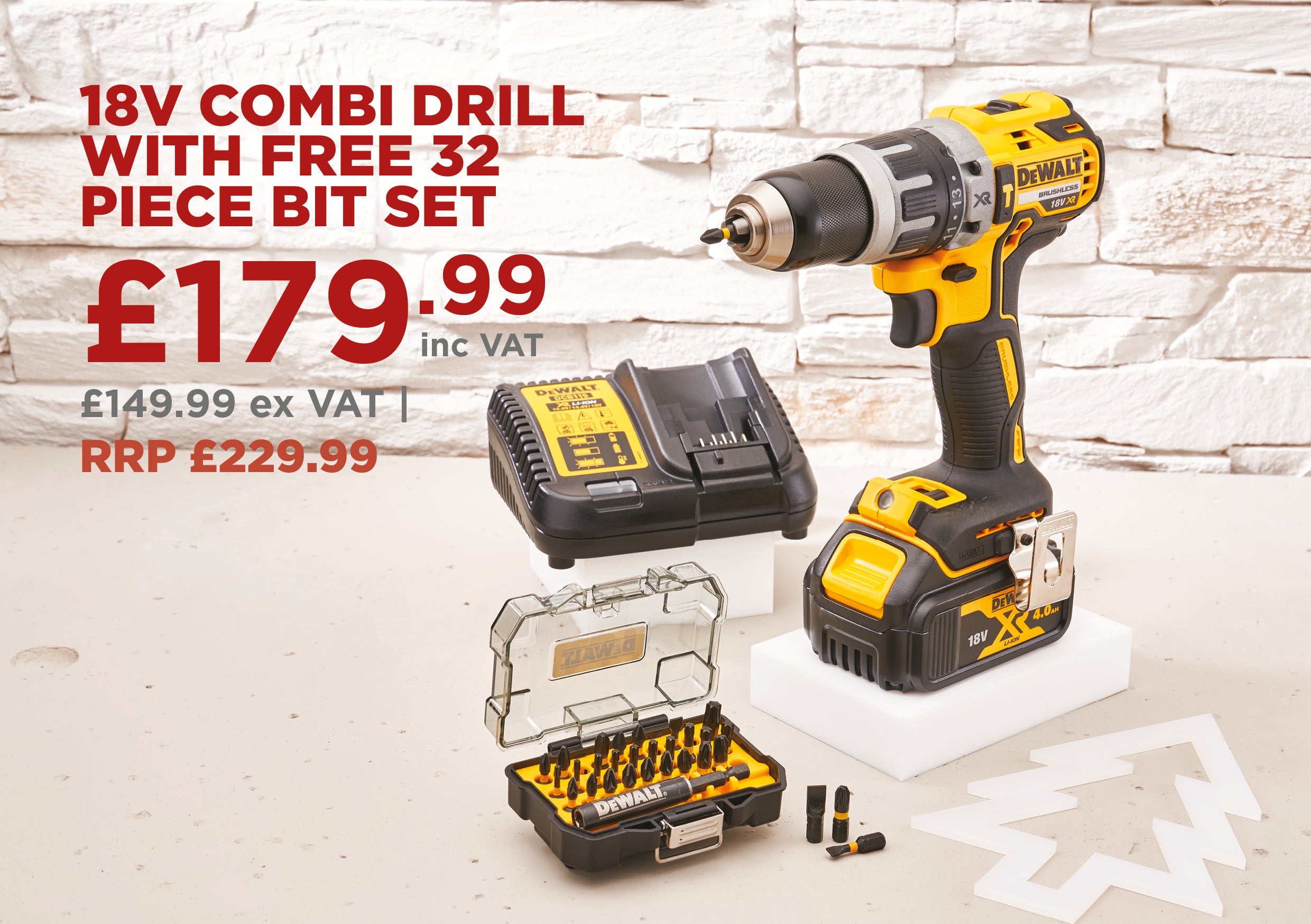 DeWalt XR Combi Drill 18V 1 x 4.0Ah Li-ion + 32 Piece Impact Bit Set