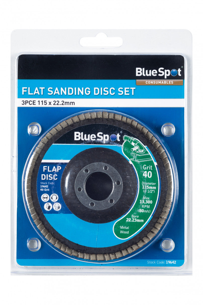 BlueSpot - Flat Sanding Disc Set - 115mm (4.5") x 22.2 mm (3/4") - 3 pack - Mixed Grit