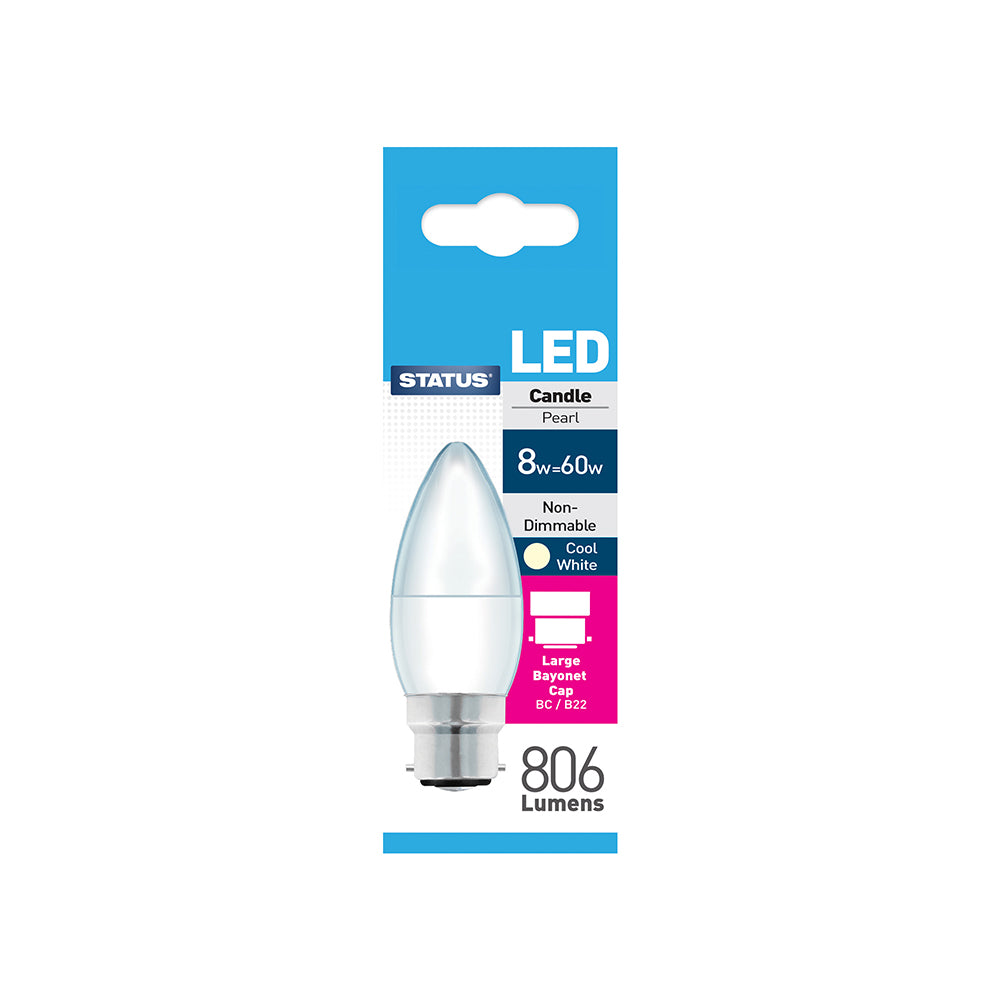 Status - LED Candle Pearl Bulb - 8w = 60w - Large Bayonet Cap - BC/B22 - Cool White