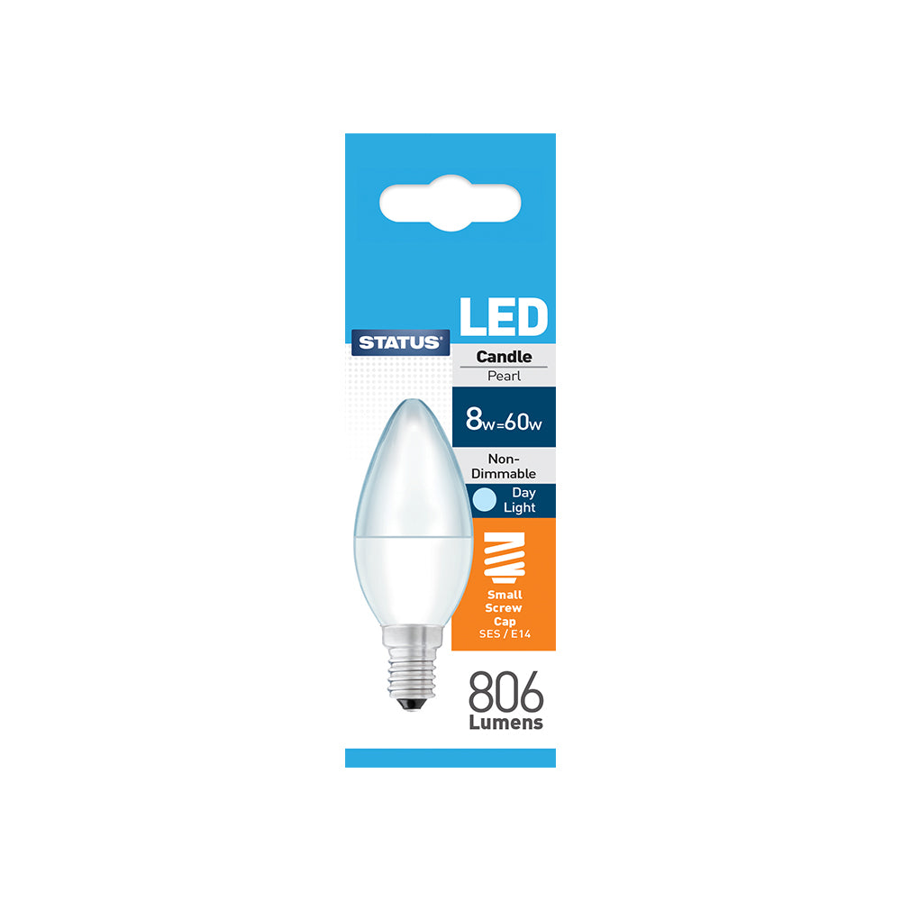 Status - LED Candle Pearl Bulb - 8w = 60w - Small Screw Cap - SES/E14 - Day Light (8SLCDE14P1B10)