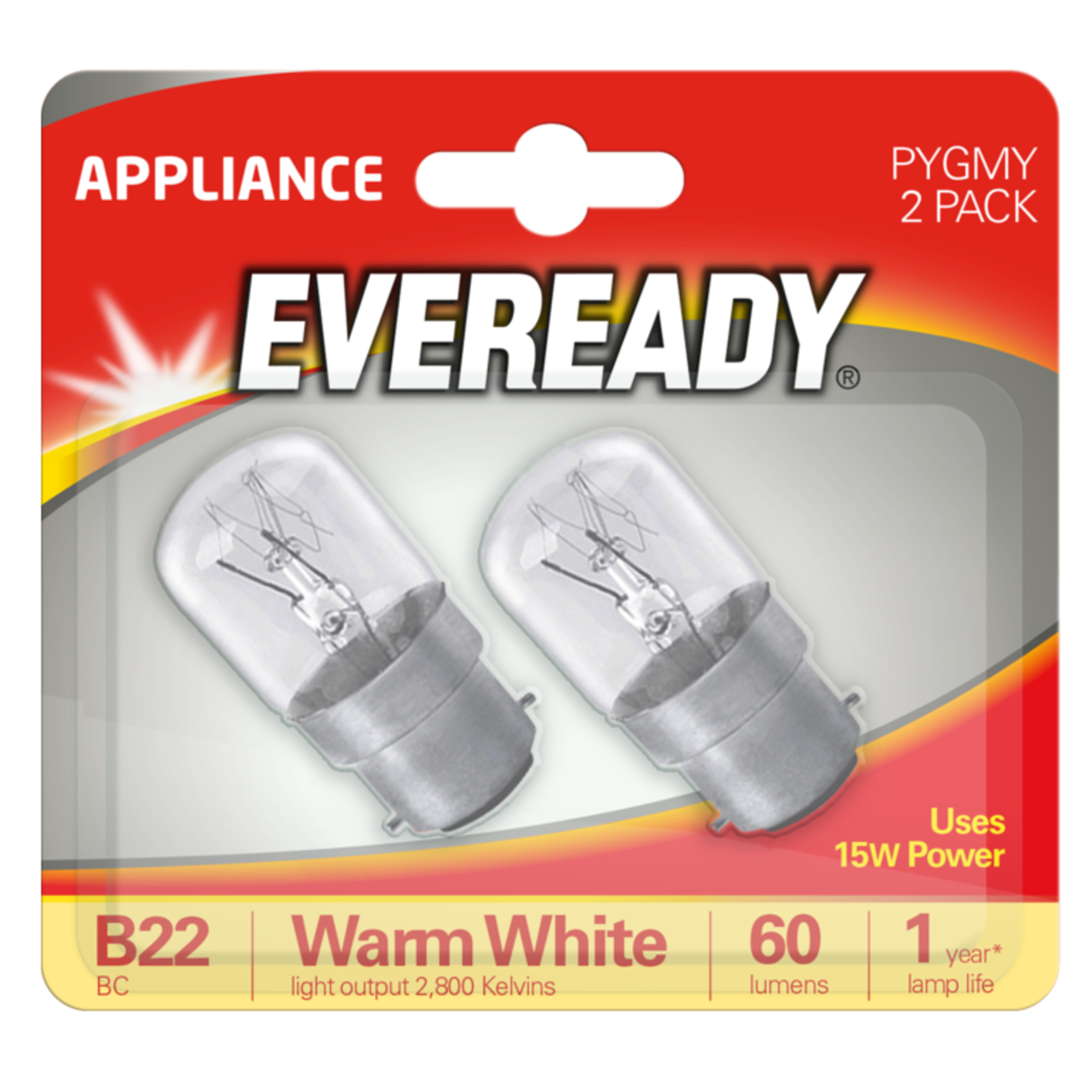 Eveready Clear Appliance Pygmy Bulbs 15w BC (Bayonet Cap)- 2 Pack